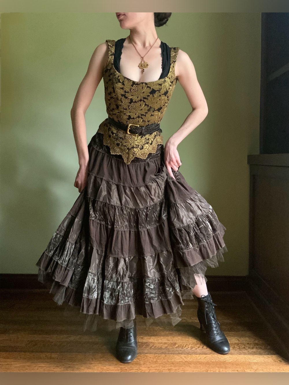Tiered Peasant Skirt, Y2K Vintage Ruffled Dark Brown Midi Maxi Skirt, Flared